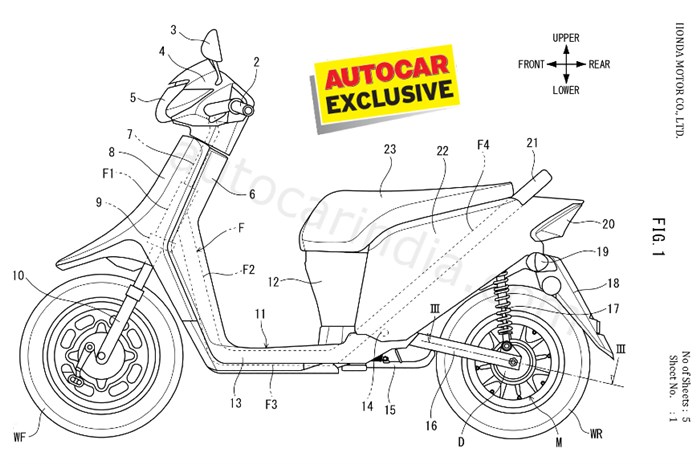 Patent drawing showing Honda hub motor mounted on a representative electric scooter.